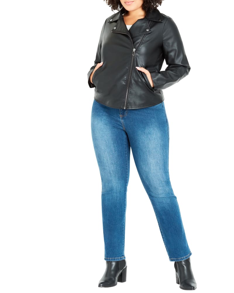 Front of a model wearing a size 14 Sheri Faux Leather Zip Jacket in Black by Evans. | dia_product_style_image_id:230742